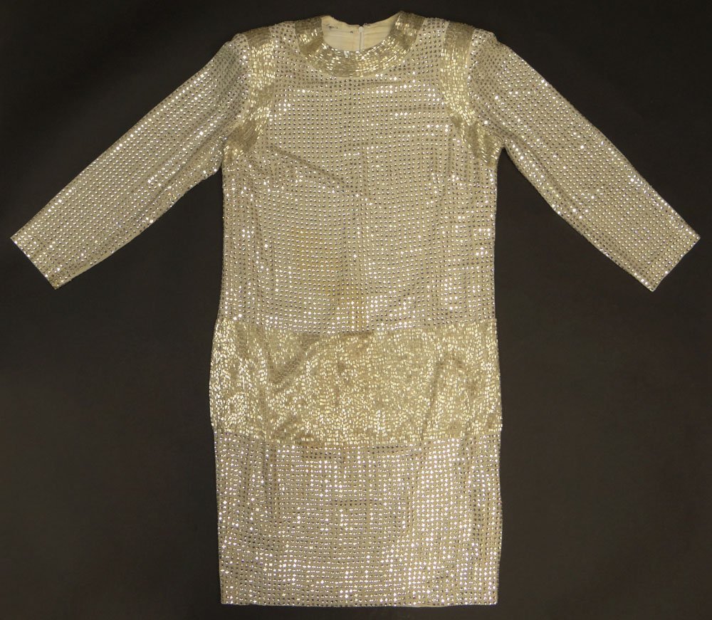 Retro 1970-80's Beaded Cocktail Dress. Fully Lined.: Retro 1970-80's Beaded Cocktail Dress. Fully Lined. Long Sleeve, BIG Shoulder Pads. Zipper Back Closure. No Labels, we believe this is a size Small (6). This dress weighs almost 6 lbs.! Measurements: 