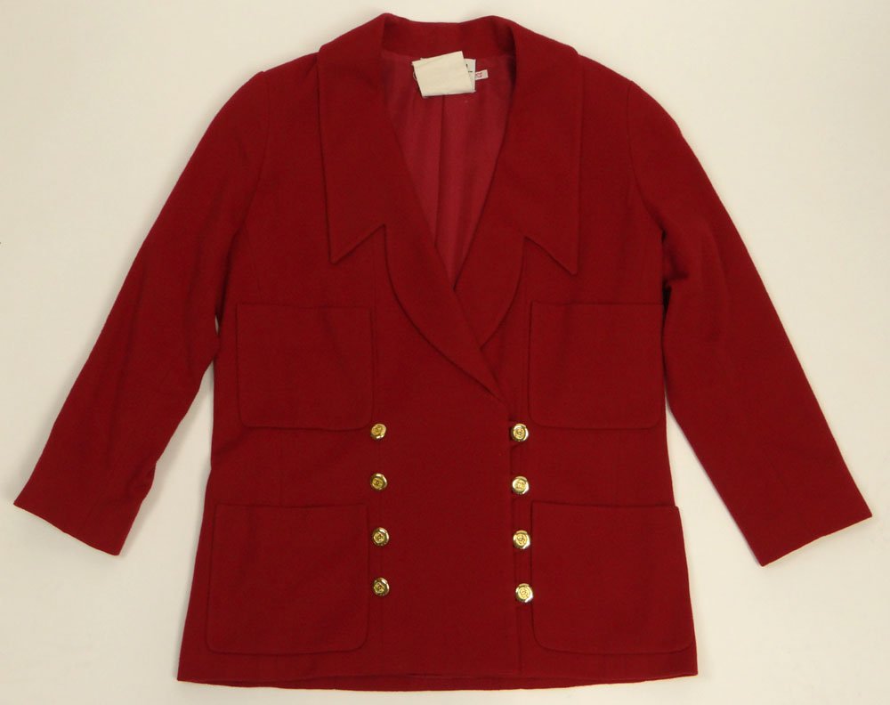 Classic Chanel Boutique Red Cashmere Double Breasted: Classic Chanel Boutique Red Cashmere Double Breasted Blazer. Gold Tone Buttons, Size 42. Good Condition. Shipping $48.00