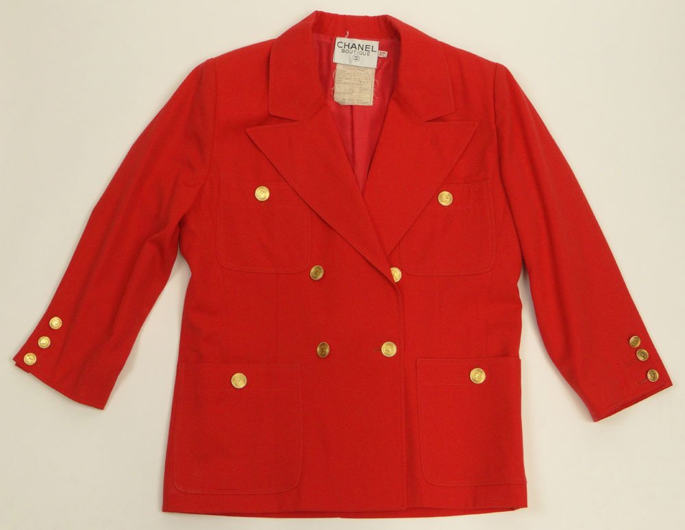 Retro Chanel Boutique Red Wool Double Breasted Blazer.: Retro Chanel Boutique Red Wool Double Breasted Blazer. Gold Tone Buttons, Size 34. Good Condition. Shipping $48.00