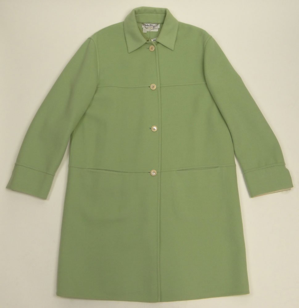 Vintage Salvatore Ferragamo Wool Spring Green Jacket: Vintage Salvatore Ferragamo Wool Spring Green Jacket with Matching Short Sleeved Top. Size US 10. Unlined. Mother Of Pearl Buttons. Good Condition. Shipping $48.00