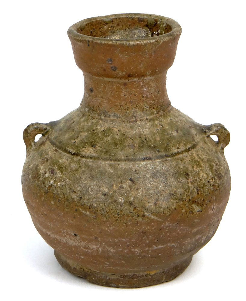Han Dynasty (206 BCE-220 BC) Small Earthenware Hu: Han Dynasty (206 BCE-220 BC) Small Earthenware Hu Vessel with Lug Handles. Surface Wear and Cracks Consistent with Age Otherwise in Good Condition. Measures 3-1/2 Inches Tall. The Gallery Has Been Adv