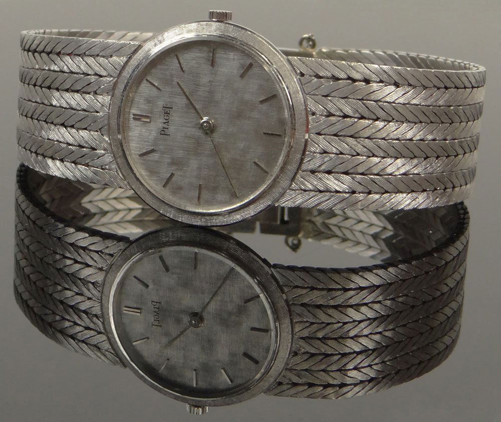 Retro 18K White Gold Piaget Ladies Luxury Watch. Pretty: Retro 18K White Gold Piaget Ladies Luxury Watch. Pretty Herringbone Design Band with a Brushed Gold Dial. Signed Piaget, 924 E3 102673. Engraved "Yours Till The End Of Time" Band Signed Piaget 750, 8