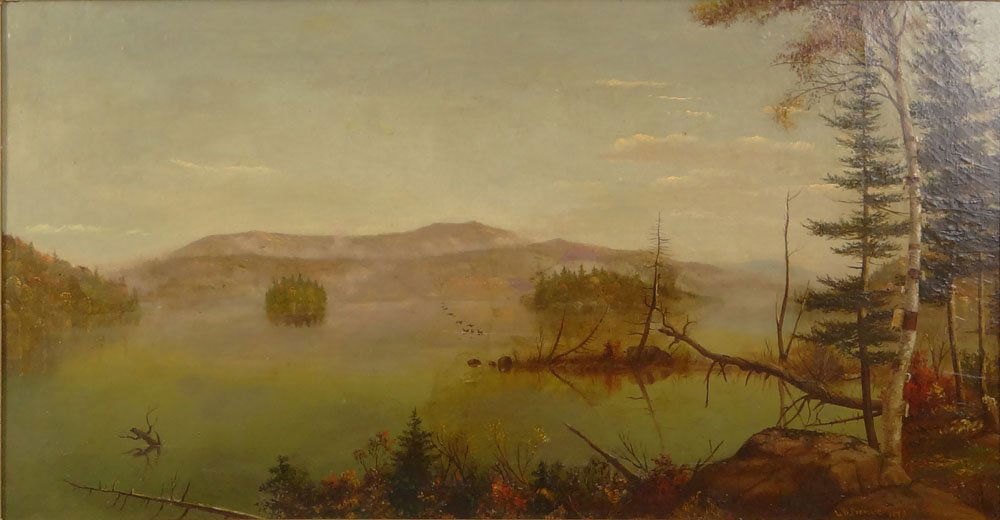 Levi Wells Prentice, American (1851-1935) Oil on Canvas: Levi Wells Prentice, American (1851-1935) Oil on Canvas " Adirondacks, Lake Lila, New York". Signed and Dated 1873 Lower Right. Good Conserved Condition. Measures 20 Inches Tall and 33-7/8 Inches Wide