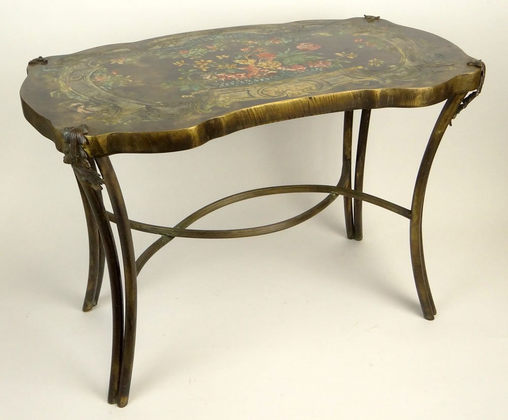 Philip and Kelvin Laverne, American Patinated Enameled: Philip and Kelvin Laverne, American Patinated Enameled and Acid Etched Bronze Side Table "Pompadour Floral". Signed to Top and Paper Label to Underside. Good Condition or Better. Measures 16-7/8 Inche