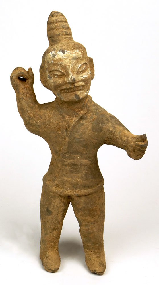 Han Dynasty (206 BCE-220 CE) Earthenware Figure: Han Dynasty (206 BCE-220 CE) Earthenware Figure Positioned in Archer Pose. Surface Wear and Cracks Consistent with Age Otherwise in Good Condition. Measures 13-1/2 Inches Tall, 6 Inches Wide. The Gall