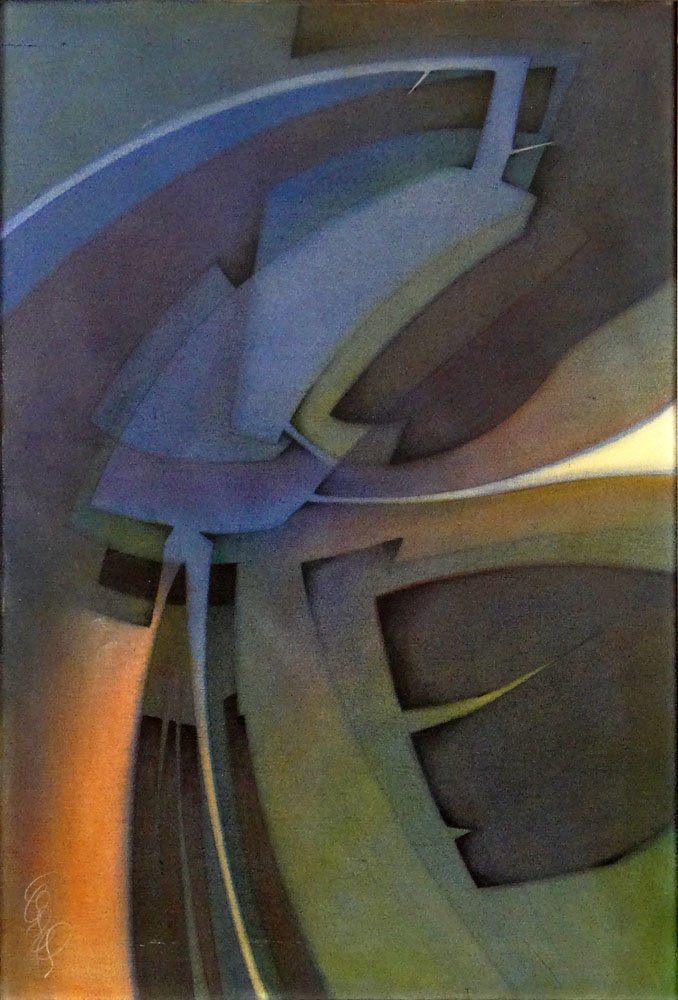 Joaquin Ferrer, Cuban (born 1929) Abstract Oil on: Joaquin Ferrer, Cuban (born 1929) Abstract Oil on Canvas. Signed Lower Left, Stretcher with the stamp of artist Lucien Desmedt (French, born 1919). Good Condition. Measures 28-3/4 Inches Tall and 20-3