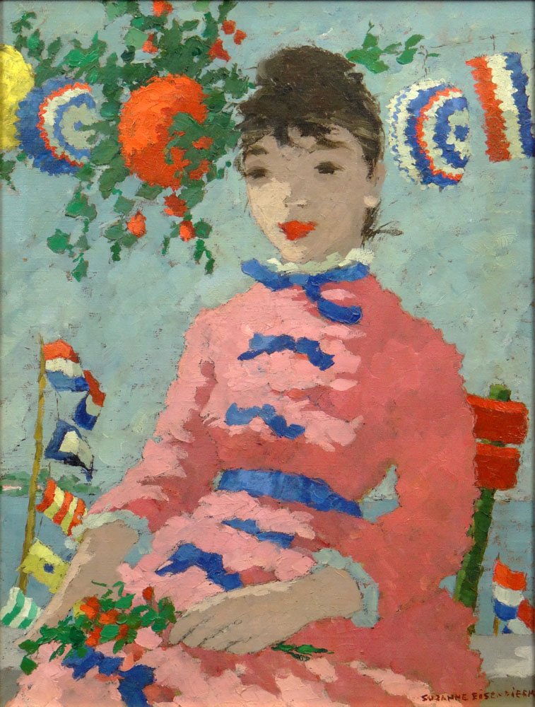 Suzanne Eisendieck French (1908-1998) Oil on Canvas: Suzanne Eisendieck French (1908-1998) Oil on Canvas Painting "Juliet" Young Woman Seated in a Chair Outdoors, Holding Flowers with a Lake and Flags in the Distance. Signed Suzanne Eisendieck Lower Rig
