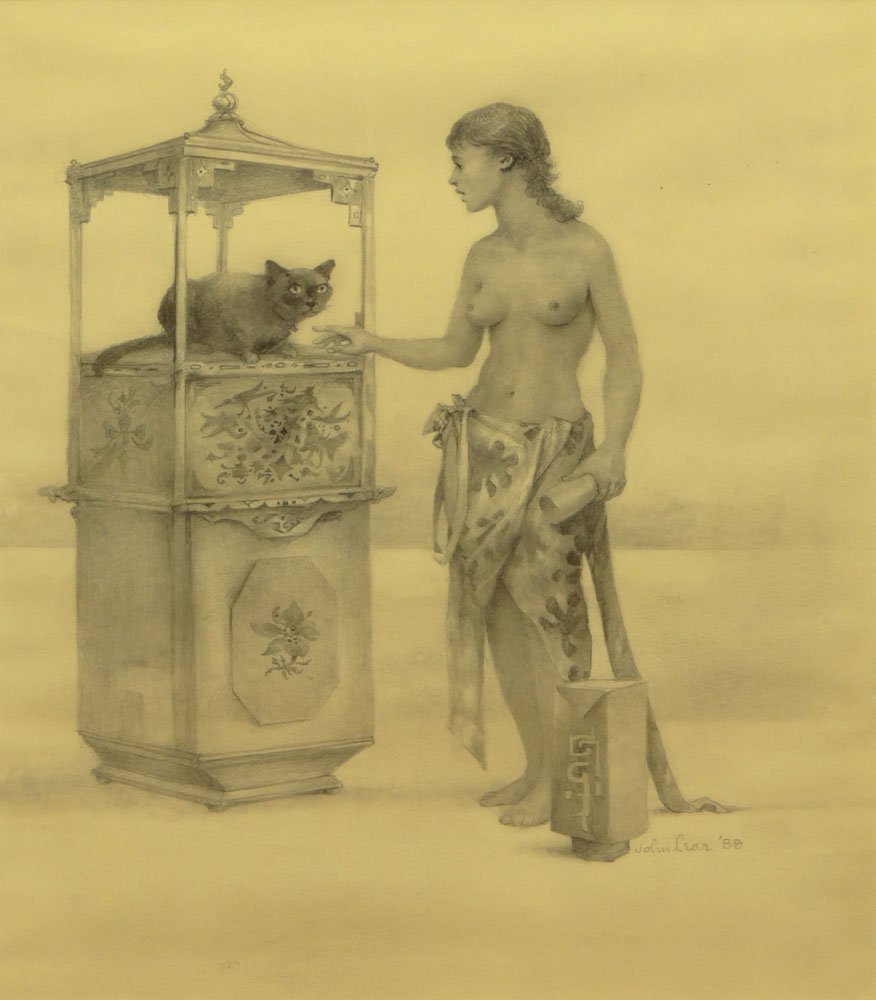 John B. Lear, American (1910-) Graphite On Paper "Nude: John B. Lear, American (1910-) Graphite On Paper "Nude Woman With Black Cat" Signed Lower Left and Dated '88. Biography en verso. Good to Very Good Condition, No Foxing, Rips or Creases. Measures 11 I