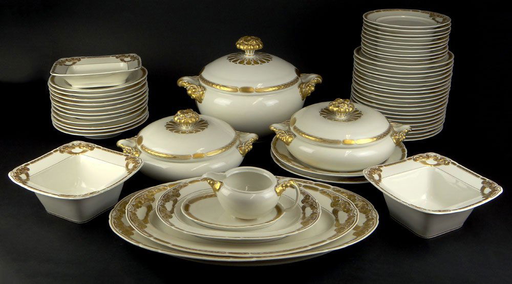 Vintage Fifty Two (52) Piece KPM Gold Trimmed Ivory: Vintage Fifty Two (52) Piece KPM Gold Trimmed Ivory China Partial Dinner Service Including: Nineteen (19) Dinner Plates; Eleven (11) Soup Plates; Ten (10) Salad Plates; Three (3) Graduated Oval Servin