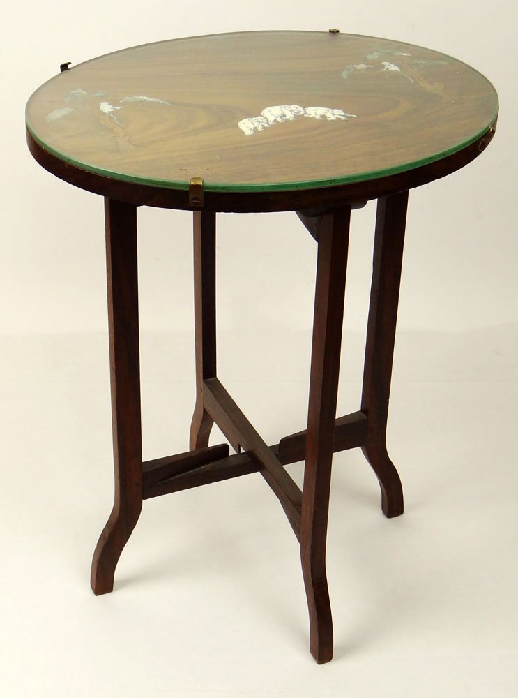 Old Rosewood Inlaid Folding Indian Table. Motif of: Old Rosewood Inlaid Folding Indian Table. Motif of Monkeys in Trees and Elephants on a Mountain Top. Signed Chamarajendra Mysore. Very Good Condition. Measures 18 Inches Tall, 15 Inches x 12 Inches Ov