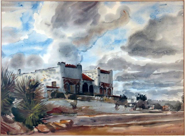 Reginald Marsh American (1898-1954) Watercolor on Paper: Reginald Marsh American (1898-1954) Watercolor on Paper "Southwest Home on a Quiet Street" Circa 1940. Signed Reginald Marsh Lower Right and Dated 1940. Good to Very Good Condition. Measures 13-1/2 In