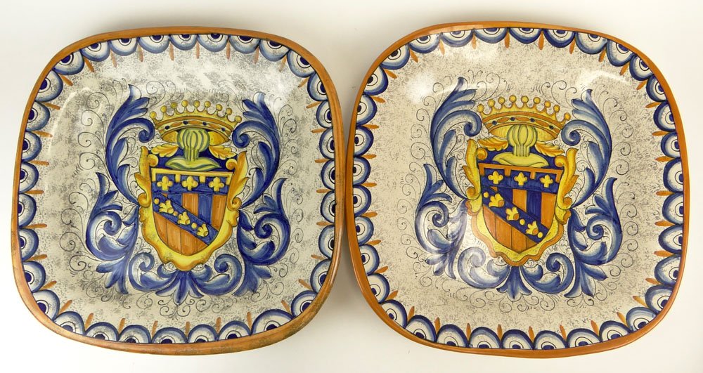Pair of Large Italian Majolica Ceramic Square Chargers.: Pair of Large Italian Majolica Ceramic Square Chargers. Colorful Decoration. Signed on bottom Aristica, Inc DIPINTO A MANO MADE IN ITALY. Very Good Condition. Measures 18 Inches Diameter. Shipping $22
