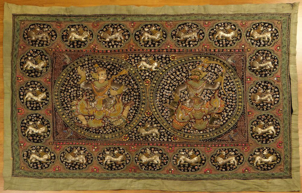 Antique Burmese Kalaga Beaded Tapestry. Very Ornate