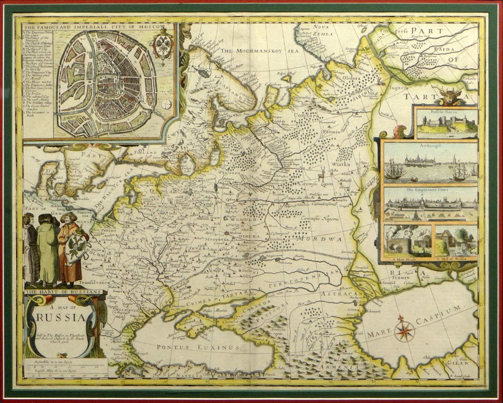 Map of Russia by J. Speed / F. Lamb. Published London: Map of Russia by J. Speed / F. Lamb. Published London 1676. Copperplate Engraving in Later Hand Color. From a "Prospect of the Most Famous Parts of the World" Good Detail Around Moscow, and a Large De