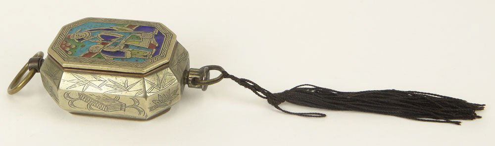 Interesting Antique Chinese Enameled Silvered Bronze: Interesting Antique Chinese Enameled Silvered Bronze Box With Top Ring, Tassled Bottom and Spring Loaded Lid. The Interior with a hook. Decorated with a Enameled Figural Scene and Chased Throughout. U