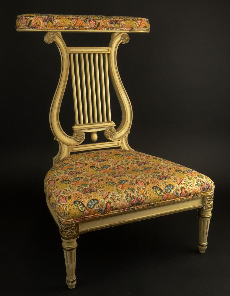 Antique French Lyre-Back Chaffeuse/Prie Dieu.: Antique French Lyre-Back Chaffeuse/Prie Dieu. Upholstered. Unsigned. Wear and rubbing, or in Otherwise Good Condition. Measures 30 Inches Tall, 21-1/2 Inches Wide, 17 Inches Deep. We will not ship thi