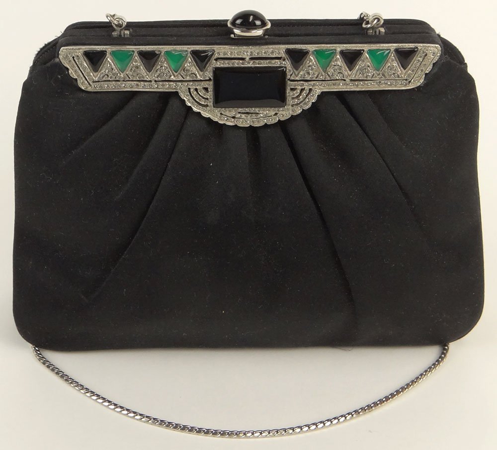 Retro Judith Leiber Art Deco Style Satin Evening Bag: Retro Judith Leiber Art Deco Style Satin Evening Bag with Shoulder Chain. Comb and Mirror Included. Signed with Silver Tone Metal Tag on Inside. Good Used Condition. Measures 7-3/4 Inches Wide, 6 Inch
