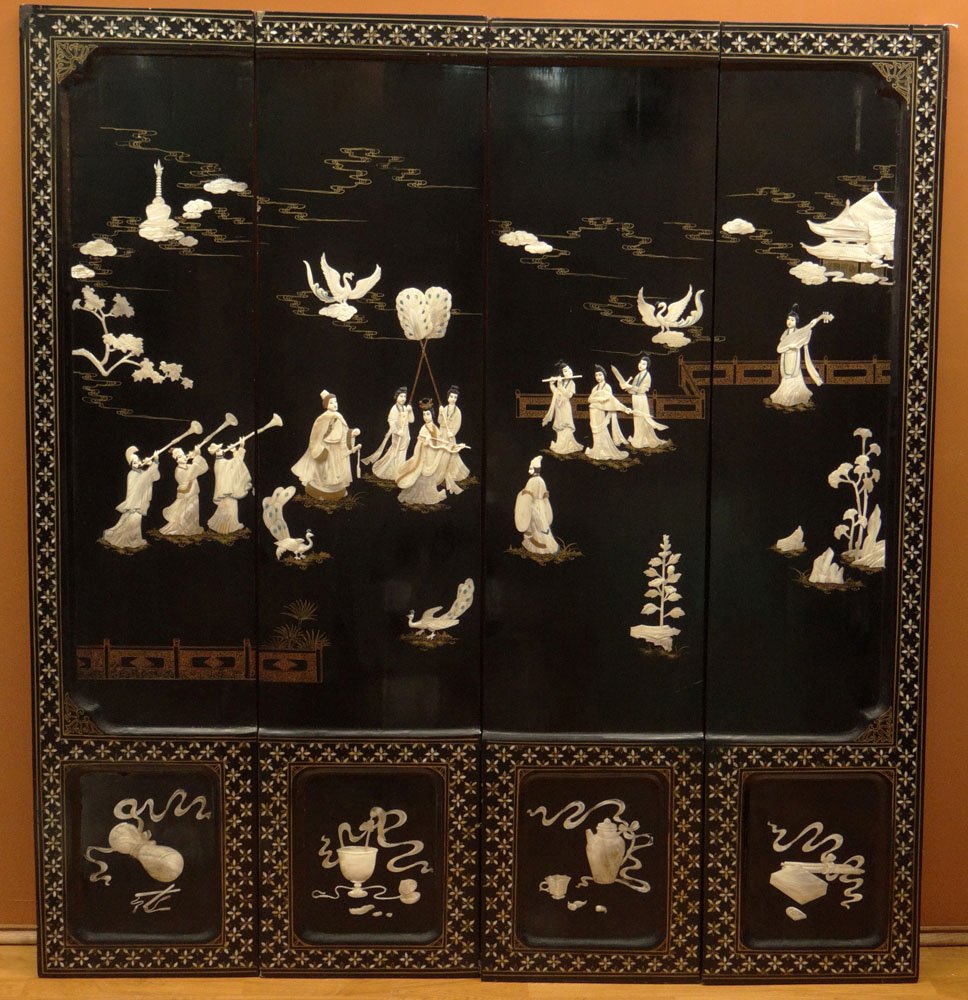 Chinese Coromandel Hard Stone and Lacquer 4 Panel: Chinese Coromandel Hard Stone and Lacquer 4 Panel Screen. Decorated with a Courtyard of Musicians, Peacocks, and Chinese Utensils. Some Chips and Wear to the Lacquer on the Reverse Side Otherwise in G