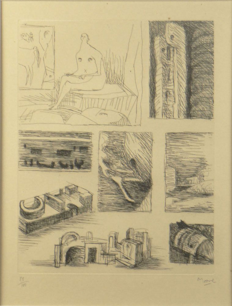 Henry Moore, British (1898-1986) Etching "Untitled: Henry Moore, British (1898-1986) Etching "Untitled Sketches" Signed Moore Lower Right, Numbered 78/100. Toning from Age or in otherwise good condition. Measures 14-1/2 Inches by 11 Inches, Frame Measu
