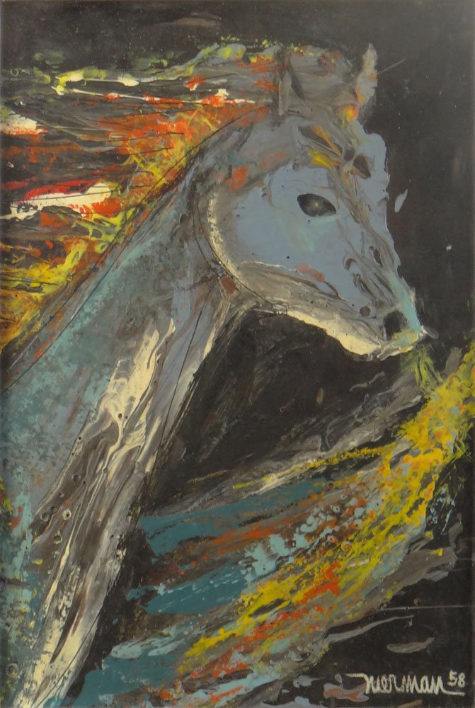 Leonardo M. Nierman, American/Mexican (1932 - ) Oil on: Leonardo M. Nierman, American/Mexican (1932 - ) Oil on Artist Board "Horse" Signed and Dated Nierman '58. Very Good Condition. Measures 16 Inches by 10-1/2 Inches, Frame Measures 26 Inches by 21 Inche