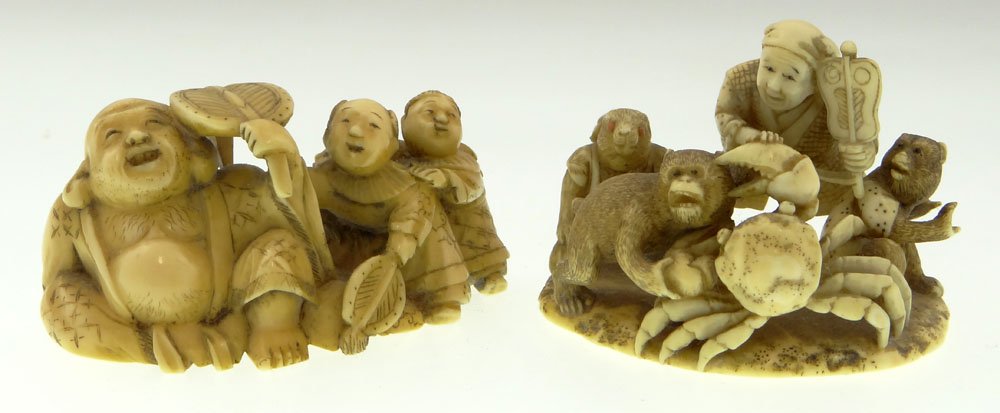 Two (2) Antique Carved Ivory Japanese Netsuke. One a: Two (2) Antique Carved Ivory Japanese Netsuke. One a Buddha and Followers 1 Inch Tall, Unsigned, Good Condition. The Other An Animal Group With a Man, signed, Old Repair, Measures 1-1/4 Inches Tall. T