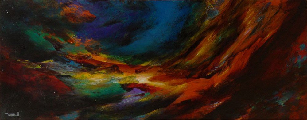 Leonardo M. Nierman, American/Mexican (1932 - ) Oil on: Leonardo M. Nierman, American/Mexican (1932 - ) Oil on Masonite "Abstract" Signed and Dated Nierman 66 Lower Left. Very Good Condition. Measures 18 Inches by 48 Inches, Frame Measures 21 Inches by 56 