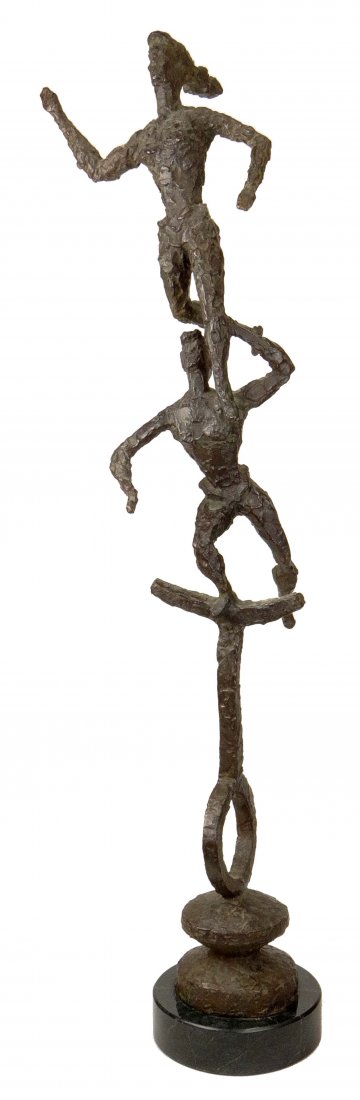 Chaim Gross, American (1904-1991) Bronze Sculpture on: Chaim Gross, American (1904-1991) Bronze Sculpture on Onyx Base. "Two on a Unicycle" Signed Chaim Gross, Beddi Makky NY Foundry Mark. Brown Patina, Very Good Condition. Measures 41 Inches Tall. Includ