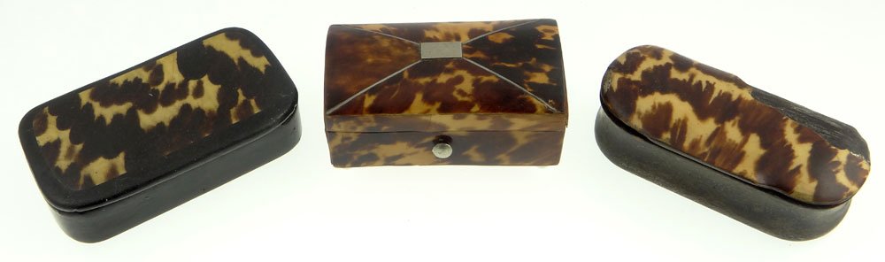 Three (3) Antique Tortoiseshell Boxes Including: a Horn: Three (3) Antique Tortoiseshell Boxes Including: a Horn Box with Tortoiseshell Top; a Lacquer Box with Tortoiseshell Top and Tortoiseshell and Silver Footed Box. Unsigned. Losses to Tortoiseshell on H