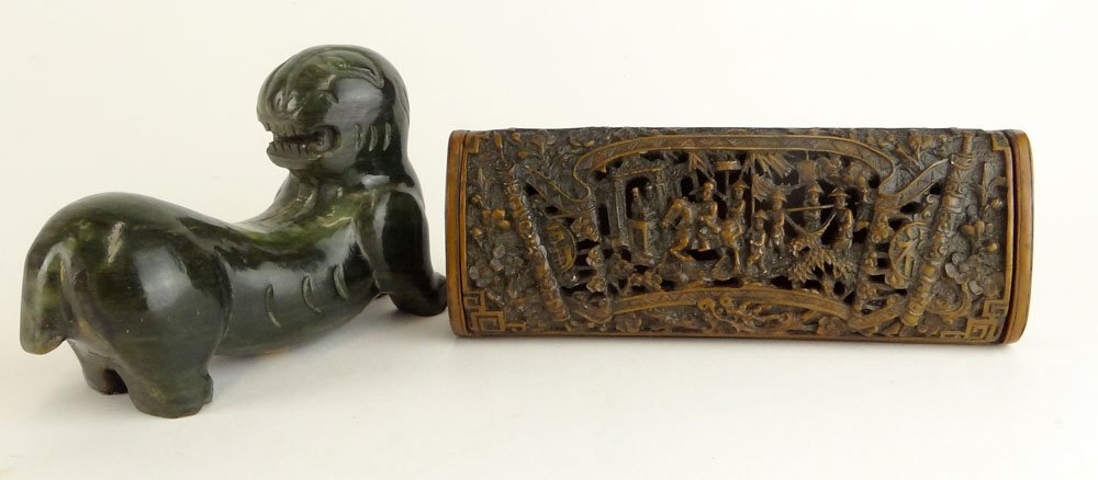 Chinese Carved Jade Mythical Beast Together with a: Chinese Carved Jade Mythical Beast Together with a Chinese Carved Soapstone Box. Box with Mark. Good Condition or Better. Box Measures 1-1/8 Inches Tall and 6-5/8 Inches Long. Shipping $46.00