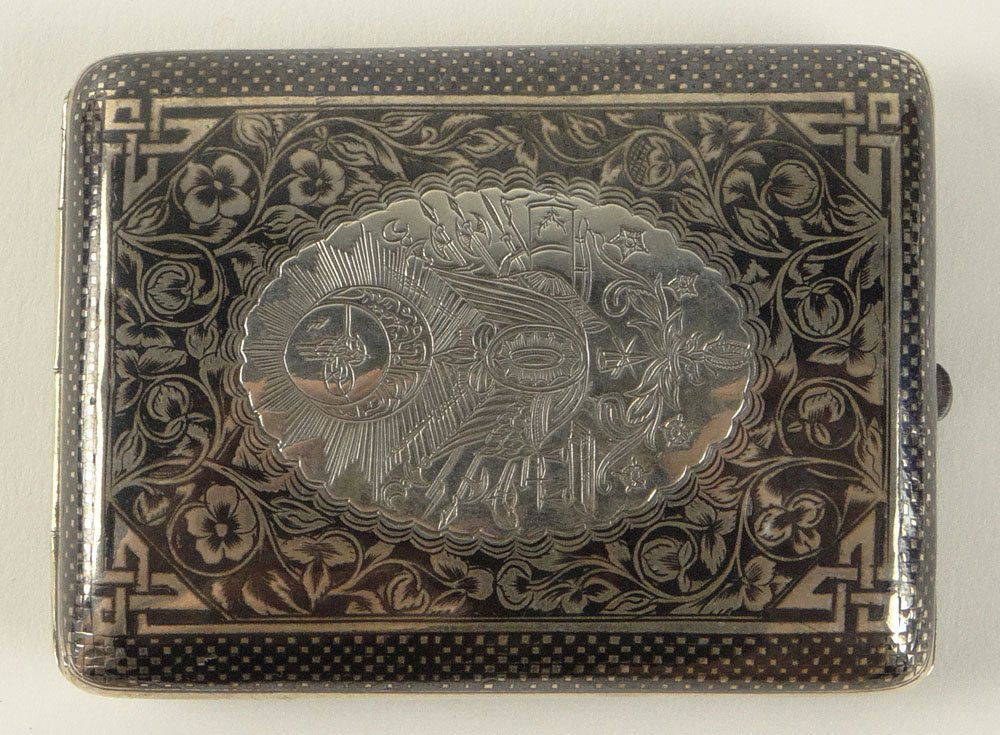 Antique Turkish Ottoman Persian Niello Chased Silver: Antique Turkish Ottoman Persian Niello Chased Silver Cigarette Box. Signed with Makers Mark and Turkish Hallmark. Shallow Dings or in otherwise Good Antique Condition. Measures 3 Inches by 2-1/4 Inche
