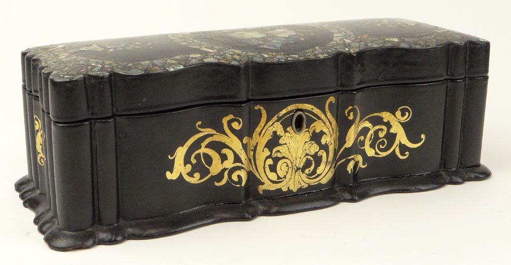 19th C Mother Of Pearl Inlaid Lacquered Wood Glove Box.: 19th C Mother Of Pearl Inlaid Lacquered Wood Glove Box. Paper Lining. Unsigned. Some Wear or In Otherwise Good Condition. Measures 3-1/4 Inches Tall, 10-1/2 Inches Wide, 4 Inches Deep. Shipping $45.00