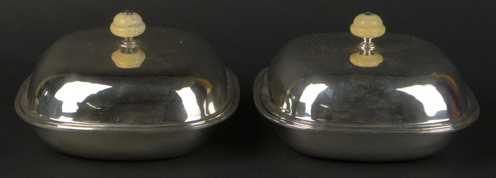 Pair Antique Sterling Silver Covered Serving Dishes: Pair Antique Sterling Silver Covered Serving Dishes With Ivory Knobs. Signed STONE STERLING C. Good Condition with a few minor dings, Typical Age Cracks in Knobs and a small ring Missing from the top 