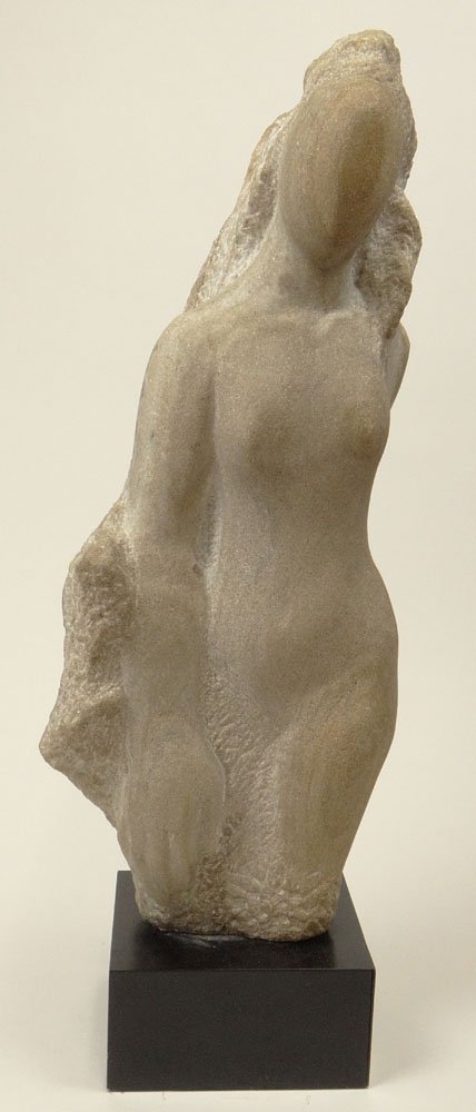 Lorrie Goulet, American (born 1925) Carved Sandstone: Lorrie Goulet, American (born 1925) Carved Sandstone Sculpture "Standing Nude" on Laminate Base. Signed. Good Condition or Better. Measures 24-1/2 Inches Tall and 10 Inches Wide. Shipping $185.00