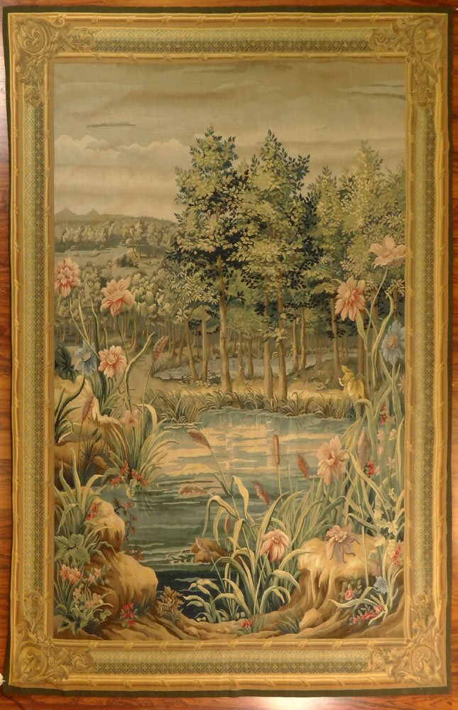 Early 20th Century Aubusson style Tapestry. Cotton: Early 20th Century Aubusson style Tapestry. Cotton Lined. Unsigned Good Condition or Better. Measures 99 Inches Tall and 74 Inches Wide. Shipping $65.00