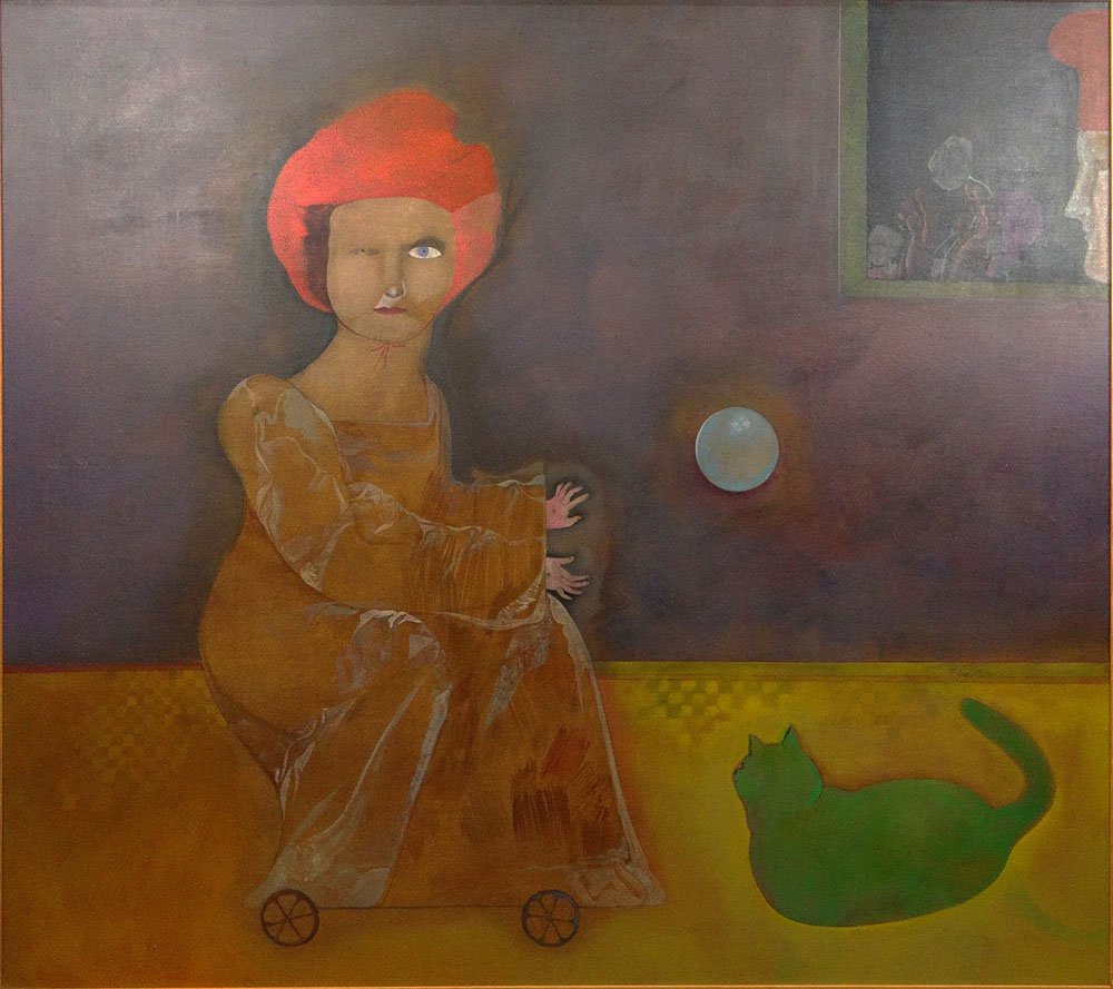 Mary Spain, American (1934-1983) Oil on Canvas "â€¦: Mary Spain, American (1934-1983) Oil on Canvas "â€¦ Woman Playing Ball with the Moon". Signed Lower Right, Titled en verso. Good Condition or Better. Measures 48 Inches Tall and 54 Inches Wide, Fr