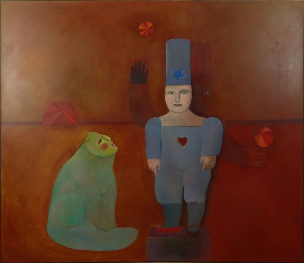 Mary Spain, American (1934-1983) Oil on Canvas,: Mary Spain, American (1934-1983) Oil on Canvas, "Something for the Baby's Room". Signed Mid Right, Signed and Titled en verso. Good Condition or Better. Measures 54 Inches Tall and 64 Inches Wide, Fra