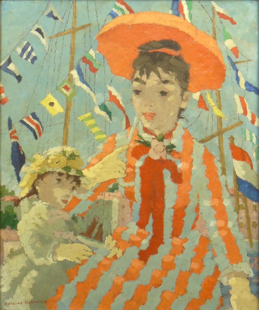 Suzanne Eisendieck, French (1908-1998) Oil on Canvas: Suzanne Eisendieck, French (1908-1998) Oil on Canvas "Fete Au Port" Signed Lower Left: Suzanne Eisendieck. Good Condition. Measures 22 Inches by 18-1/4 Inches, Frame Measures 28 Inches by 25 Inches. S