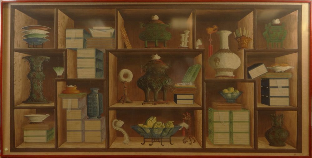 attributed to: Lang Shining (Giuseppe Castiglione),: attributed to: Lang Shining (Giuseppe Castiglione), Italian 1688-1766) Ink an`d Color on Paper Laid on Panel, Trompe L'oeil Scholarly Treasures. Signed (characters) Lower Left with Inscription which t