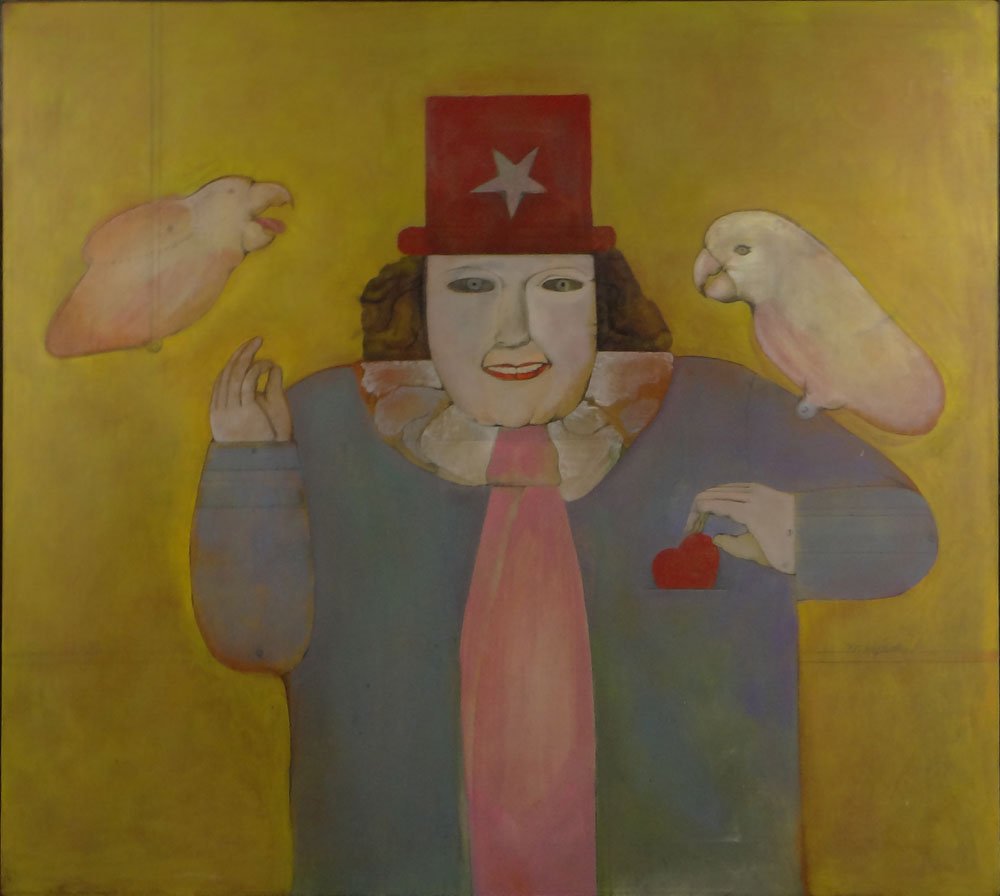 Mary Spain, American (1934-1983) Oil on Canvas: Mary Spain, American (1934-1983) Oil on Canvas "Magician and Two White Parrots". Signed Lower Right. Cleveland Museum of Art label en verso. Good Condition or Better. Measures 36 Inches Tall and 40 In