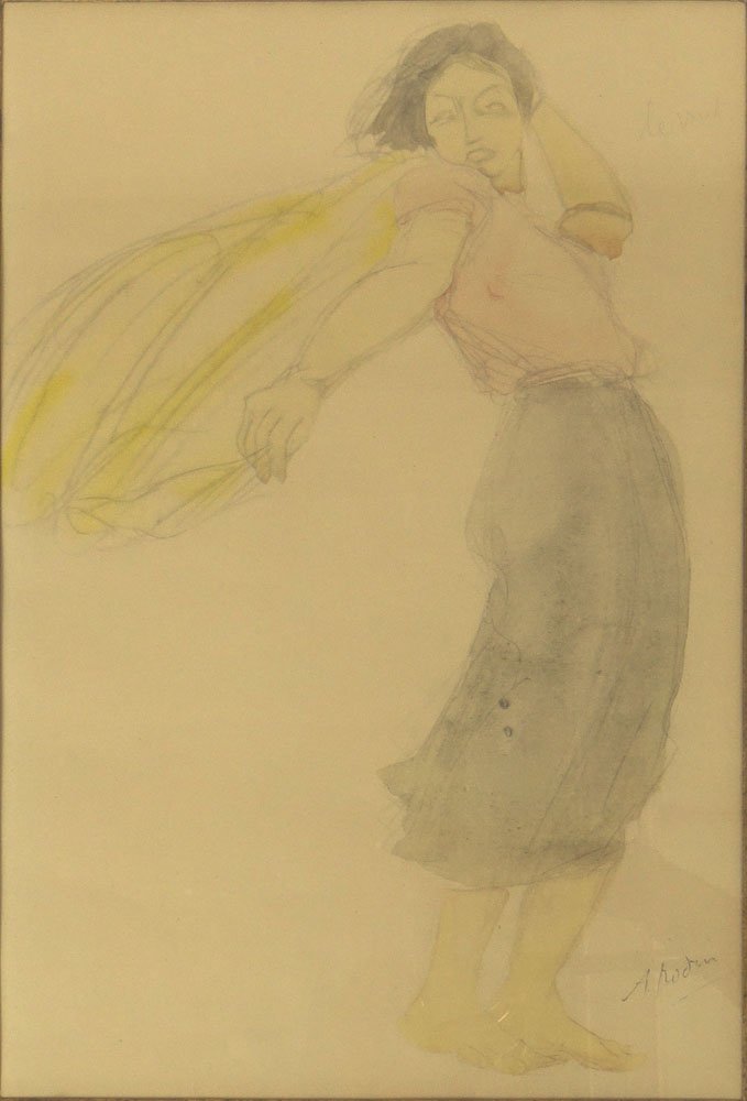 Auguste Rodin, French (1840-1917) Watercolor on Paper: Auguste Rodin, French (1840-1917) Watercolor on Paper "Woman with Scarf". Signed. Good Condition. Measures (sight) 13-1/2 Inches Tall and 9 Inches Wide, Frame Measures 21-5/8 Inches Tall and 17-1/4 In