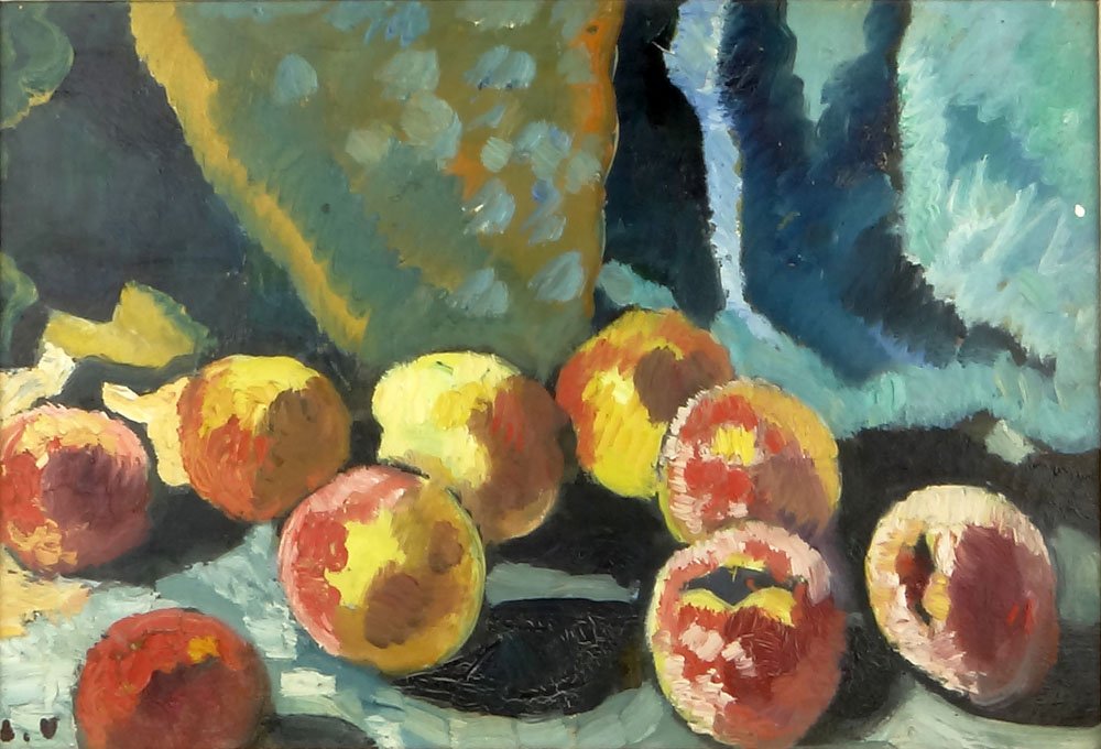 Louis Valtat, French (1869-1952) Oil on Panel "Pommes a: Louis Valtat, French (1869-1952) Oil on Panel "Pommes a la Draperie Bleu". Signed Lower Left L.V. Provenance: Gallerie Denise Valtat, 59 Rue La Boetie, Paris (gallery label en verso). Good Condition o