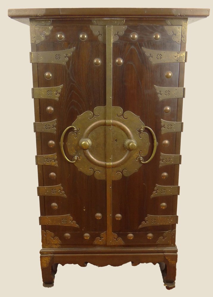 Antique Korean Two Door Pine Cabinet with Large Brass: Antique Korean Two Door Pine Cabinet with Large Brass Mounts Opening to an Interior with Fifteen Drawers. Unsigned. Surface Wear Consistent with Normal Use Otherwise Good Condition. Measures 53-1/4 In