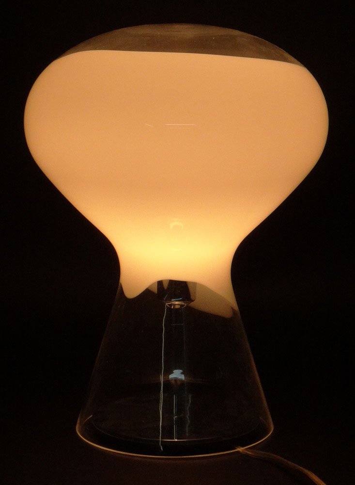 Retro George Kovacs Mushroom Table Lamp, Features a: Retro George Kovacs Mushroom Table Lamp, Features a Hand Blown Shade of Clear and White Glass on Chrome Base. Signed with Kovacs Label on Bottom. Good Condition. Measures 16 Inches Tall, 8 Inches Diam