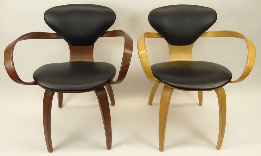 Two (2) Paul Goldman for Plycraft Bent Wood and Vinyl P: Two (2) Paul Goldman for Plycraft Bent Wood and Vinyl Pretzel Chairs . Signed Paul Goldman and Maufacturer's Label to Underside. Rubbing and Surface Wear Consistent with Normal Use Otherwise Good Cond