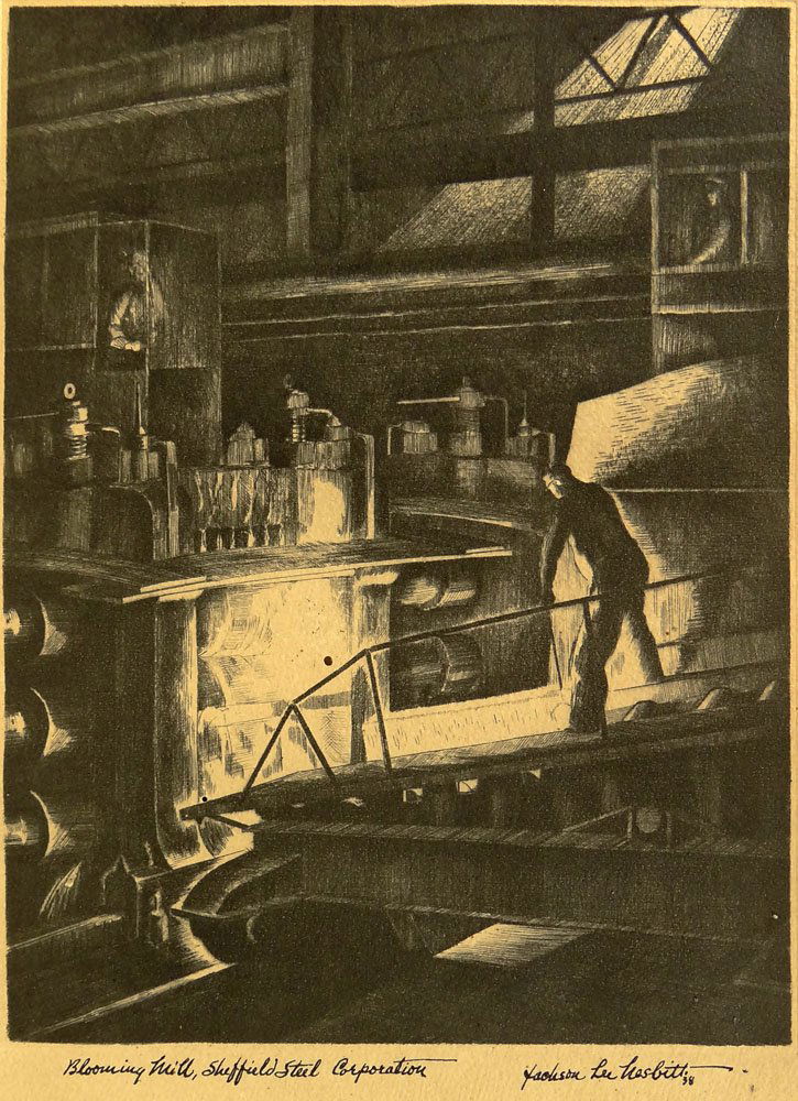 Jackson Lee Nesbitt, American (1913-2008) 1938 Etching: Jackson Lee Nesbitt, American (1913-2008) 1938 Etching "Blooming Mill, Sheffield Steel Corporation". Signed, Dated and Titled. Toning to Paper Otherwise Good Condition. Measures 9-1/4 Inches Tall and