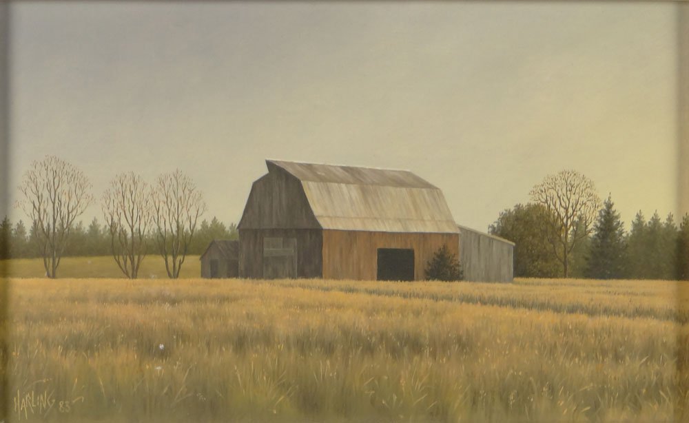 Simon Harling, American (born after 1950) 1983 Oil on: Simon Harling, American (born after 1950) 1983 Oil on Canvas "Maryland Barn". Signed and Dated Lower Left. AM Sachs Gallery, New York label en verso. Good Condition or Better. Measures 6 Inches Tall a