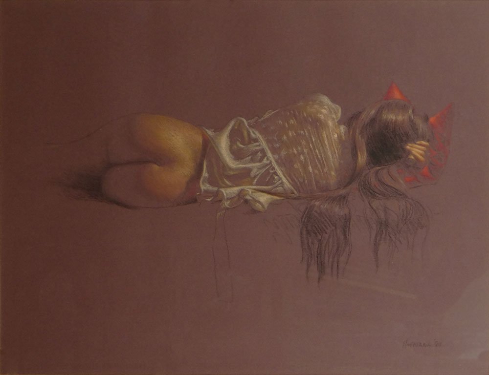Douglas William Hofmann, American (born 1945) Conte on: Douglas William Hofmann, American (born 1945) Conte on Paper "Resting Nude". Signed. Good Condition or Better. Measures (sight) 19 Inches tall and 25 Inches Wide, Frame Measures 30-7/8 Inches Tall and