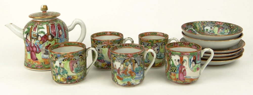 Twelve (12) Piece Lot of 20th C Chinese Export Rose: Twelve (12) Piece Lot of 20th C Chinese Export Rose Medallion Porcelain. This Lot includes: a small Tea Pot, good condition, Measuring 4-1/2 Inches Tall; Five (5) Cup and Saucer Sets 2 Inches Tall, Tw