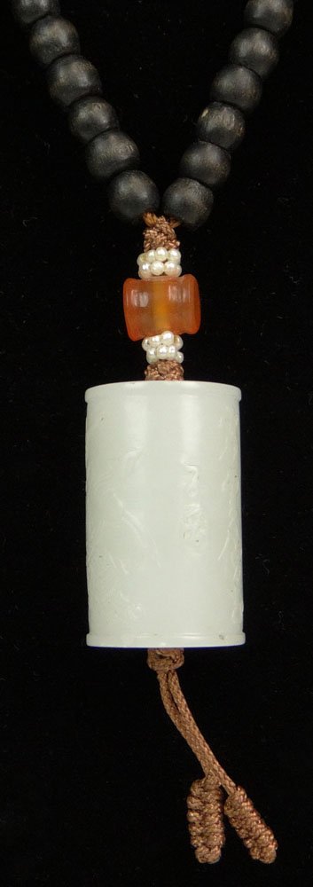 18/19th Century Chinese White Jade Toggle with Prayer: 18/19th Century Chinese White Jade Toggle with Prayer Beads. Provenance: Estate of James Macdonald, California. Toggle with Figures and Signed. Good to Very Good Condition. Beads Measure 21 Inches Lon