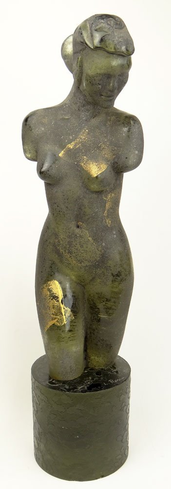 Loredano Rosin, Italian (1936-1991) Large Murano Glass: Loredano Rosin, Italian (1936-1991) Large Murano Glass Sculpture "Nude" Dark Green Glass Sandblasted and Polychromed Gold Accents. The Base a Carved Solid Glass Cylinder. Signed on Base L. Rosin. Chip